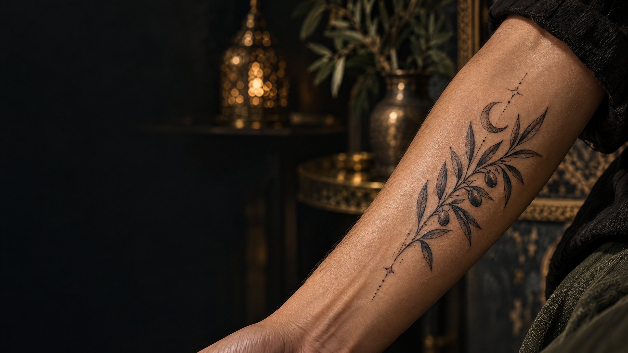 Tatouage botanique fineline sur l’avant-bras, éclairage chaleureux d’atelier à Marrakech.