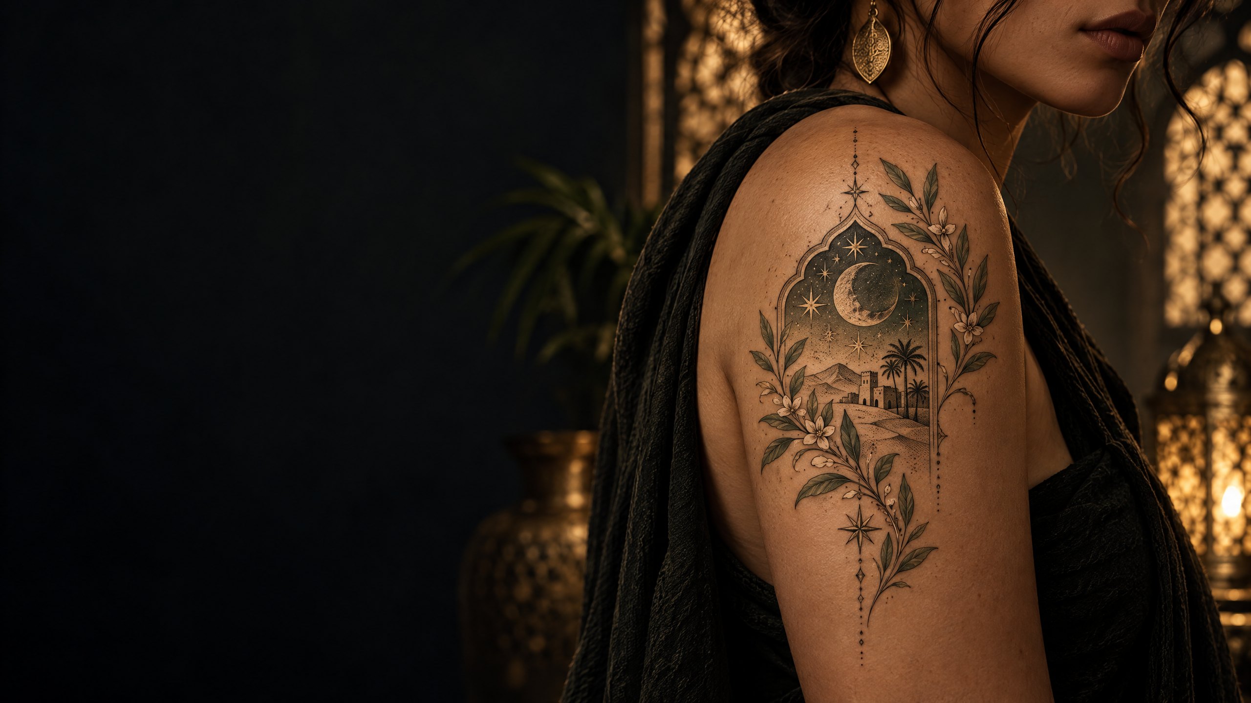 Tatouage fin inspiré de Marrakech, avec une arche, un croissant de lune et des détails botaniques.