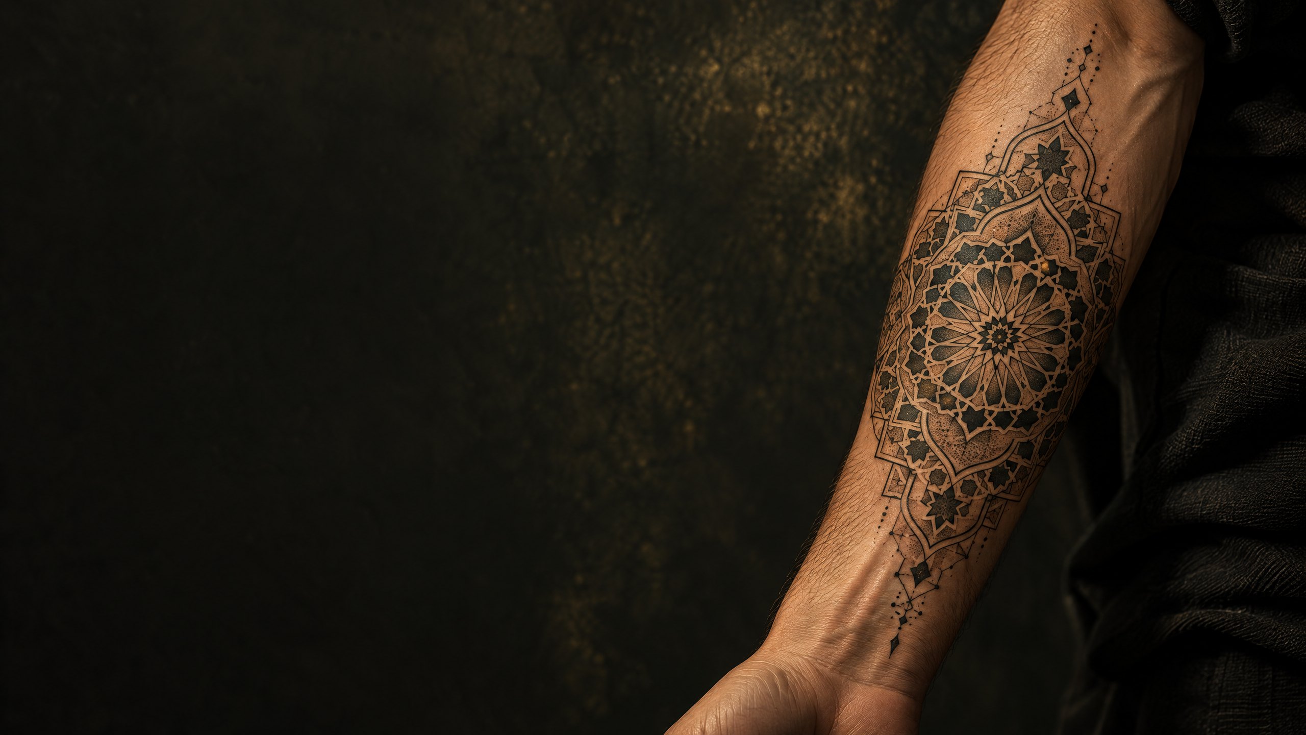 Tatouage géométrique marocain en ligne fine sur un avant-bras.